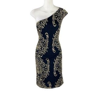 David Meister Black Gold Lace Embroidered One Shoulder Cocktail Dress C.C15
